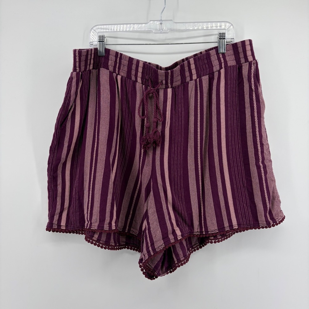 Lane Bryant Womens 18/20 Purple Striped Boho Shorts Tassel Pom Pom Trim Pockets
